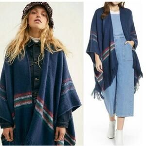 Free People Soft Wren Fringe Poncho OS Blue